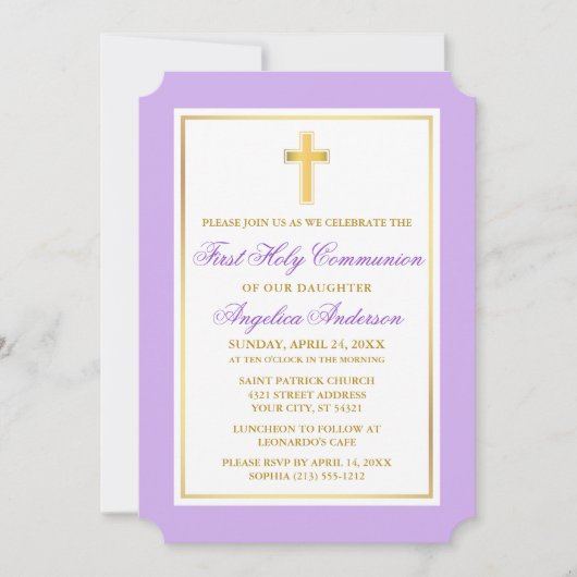 Elegante gouden kruis violette eerste communie kaart (Voorkant)