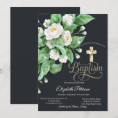 Elegante gouden kruis witte bloemen doop kaart (Voorkant / Achterkant)