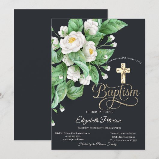 Elegante gouden kruis witte bloemen doop kaart (Voorkant / Achterkant)