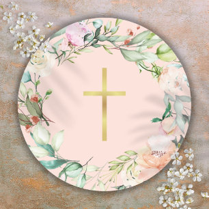 Elegante Gouden Kruis Woodland Roos Guirlande Bloe Ronde Sticker