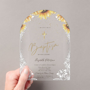 Elegante Gouden Kruis Zonnebloemen Witte Kant Doop Acryl Uitnodigingen