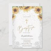 Elegante Gouden Kruis Zonnebloemen Witte Kant Doop Kaart (Voorkant)