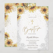 Elegante Gouden Kruis Zonnebloemen Witte Kant Doop Kaart (Voorkant / Achterkant)