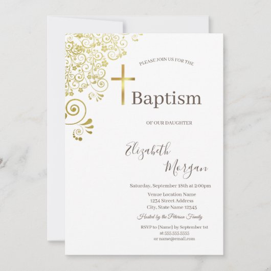 Elegante gouden kruisdoop Gouden Bloemenveter Kaart (Voorkant)