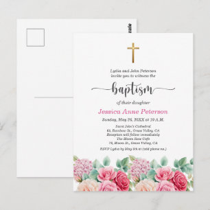 Elegante gouden kruisrozen bloemige doopuitnodigin briefkaart