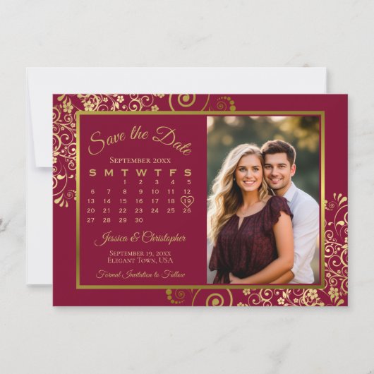 Elegante gouden krullen Bourgondische kalender Fot Save The Date (Voorkant)