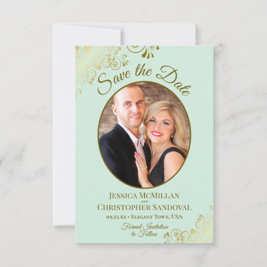 Elegante gouden krullen & foto Neo Mint Green Wedd Save The Date (Voorkant)