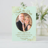 Elegante gouden krullen & foto Neo Mint Green Wedd Save The Date (Staand voorkant)