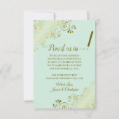 Elegante gouden krullen & foto Neo Mint Green Wedd Save The Date (Achterkant)