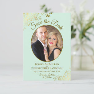 Elegante gouden krullen & foto Neo Mint Green Wedd Save The Date