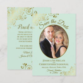 Elegante Gouden Krullen & Foto Neo Mint Groen Huwe Save The Date