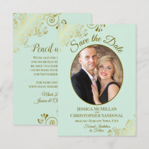 Elegante Gouden Krullen & Foto Neo Mint Groen Huwe Save The Date