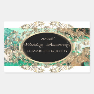 Elegante gouden krullen jubileum groen marmer rechthoekige sticker