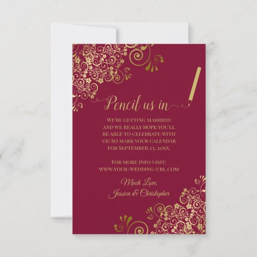 Elegante gouden krullen op bordeaux Maroon bruilof Save The Date (Achterkant)