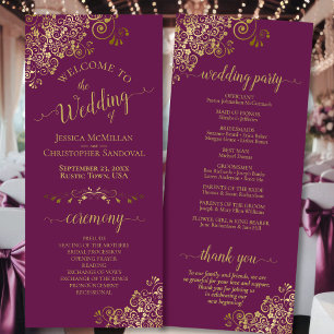 Elegante gouden krullen op Magenta Plum Wedding Programmakaart