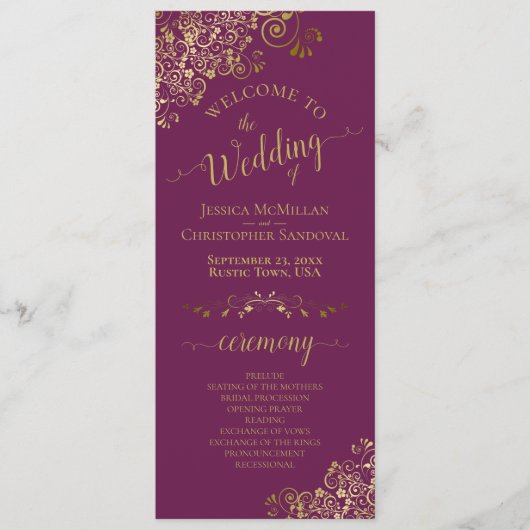 Elegante gouden krullen op Magenta Plum Wedding Programmakaart (Voorkant)