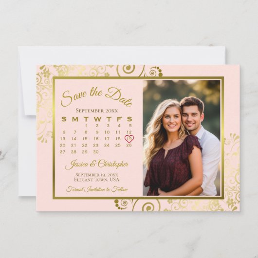 Elegante gouden krullen op roze kalender Fotobruil Save The Date (Voorkant)