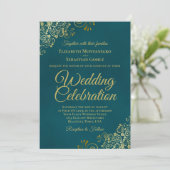 Elegante Gouden Krullen op Teal QR Code Bruiloft Kaart (Staand voorkant)