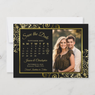 Elegante Gouden Krullen op Zwarte Kalender Foto Br Save The Date