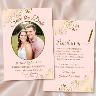 Elegante gouden krullen Ovaal Foto Blush Roze Huwe Save The Date