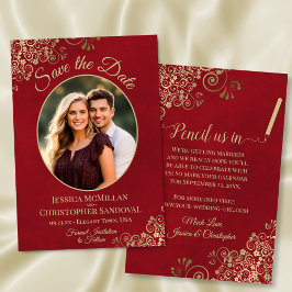 Elegante Gouden Krullen Ovaal Foto Gemarmerd Rode  Save The Date