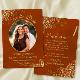 Elegante Gouden Krullen Ovaal Foto Gemarmerd Roest Save The Date