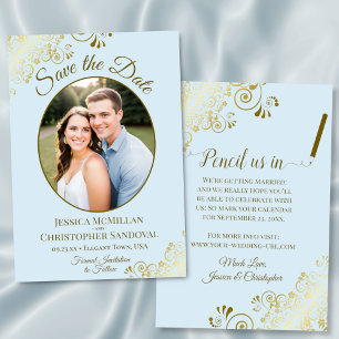 Elegante Gouden Krullen Ovaal Foto Poederblauwe Tr Save The Date