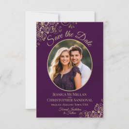 Elegante Gouden Krullen Ovaal Foto Pruim Paars Tro Save The Date