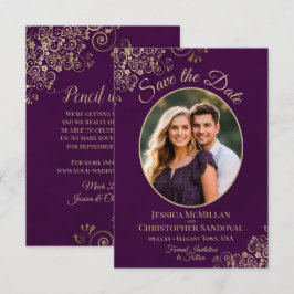 Elegante Gouden Krullen Ovaal Foto Pruim Paarse Tr Save The Date