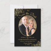 Elegante gouden krullen Ovaal Foto Zwart Huwelijk Save The Date (Voorkant)