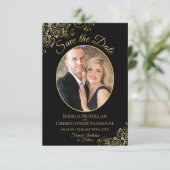 Elegante gouden krullen Ovaal Foto Zwart Huwelijk Save The Date (Staand voorkant)