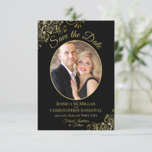 Elegante gouden krullen Ovaal Foto Zwart Huwelijk Save The Date