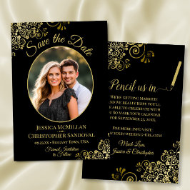 Elegante Gouden Krullen Ovaal Foto Zwarte Trouw Save The Date