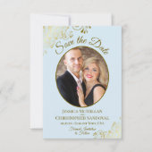 Elegante Gouden Krullen Ovaal Fotopoeder Blauwe Br Save The Date (Voorkant)
