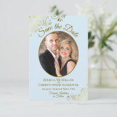 Elegante Gouden Krullen Ovaal Fotopoeder Blauwe Br Save The Date (Staand voorkant)