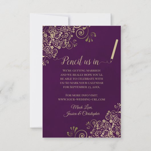Elegante gouden krullen ovale foto pruim Paarse br Save The Date (Achterkant)