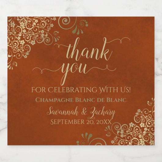 Elegante gouden krullen roest Sinaasappel bruiloft Sparkling Wijnetiket (Enkel label)