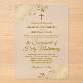 Elegante gouden krullen stijlvolle moderne katholi acryl uitnodigingen (Voorkant)