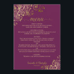 Elegante gouden krullen & wervelingen Magenta Plum Menu<br><div class="desc">Dit prachtige huwelijksmenu is eenvoudig,  elegant,  verfijnd en stijlvol. Het beschikt over een elegant cassis paarse of magenta pruimkleurig ontwerp met kanten gouden script kalligrafie en delicate gouden krullen en wervelingen in de hoeken. De achterkant is een prachtige gemarmerde gouden kleur.</div>