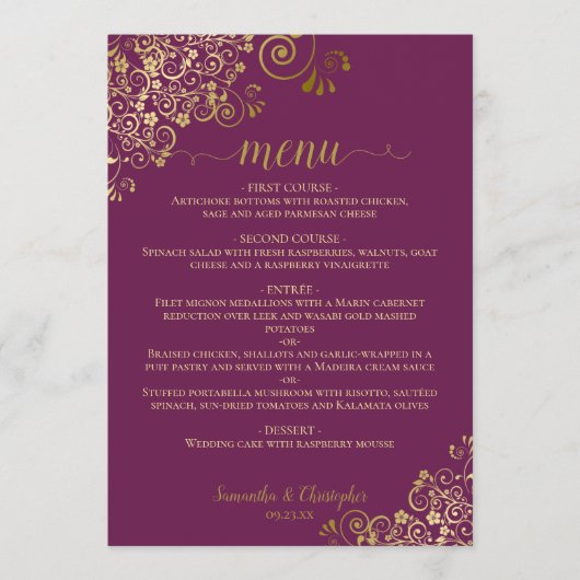 Elegante gouden krullen & wervelingen Magenta Plum Menu (Voorkant)
