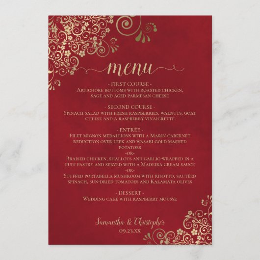 Elegante gouden krullen & wervelingen op Crimson R Menu (Voorkant)