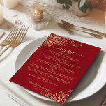 Elegante gouden krullen & wervelingen op Crimson R Menu<br><div class="desc">Dit prachtige huwelijksmenu is eenvoudig,  elegant,  verfijnd en stijlvol. Het heeft een elegant karmozijnrood ontwerp met kanten gouden script kalligrafie en delicate gouden krullen en wervelingen in de hoeken. De achtergrond heeft een gemarmerde textuur.</div>