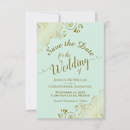 Elegante gouden krullen & wervelingen op Mint Gree Save The Date (Voorkant)