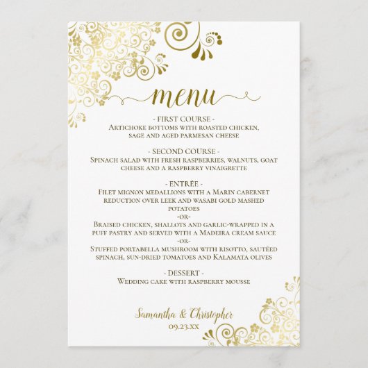 Elegante gouden krullen & wervelingen op witte bru menu (Voorkant)