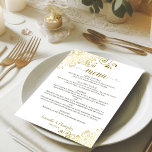 Elegante gouden krullen & wervelingen op witte bru menu<br><div class="desc">Dit prachtige huwelijksmenu is eenvoudig,  elegant,  verfijnd en stijlvol. Het beschikt over een prachtig ontwerp met kanten gouden script kalligrafie en delicate gouden krullen en wervelingen in de hoeken. De achterkant is een mooie gemarmerde gouden kleur.</div>