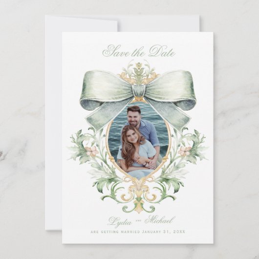 Elegante gouden kuif w / groene boog | Foto Save The Date (Voorkant)