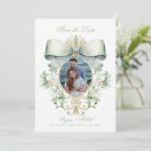 Elegante gouden kuif w / groene boog | Foto Save The Date (Staand voorkant)