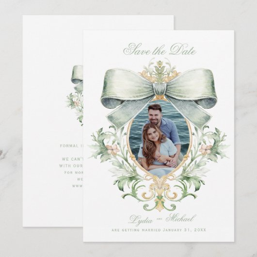 Elegante gouden kuif w / groene boog | Foto Save The Date (Voorkant / Achterkant)