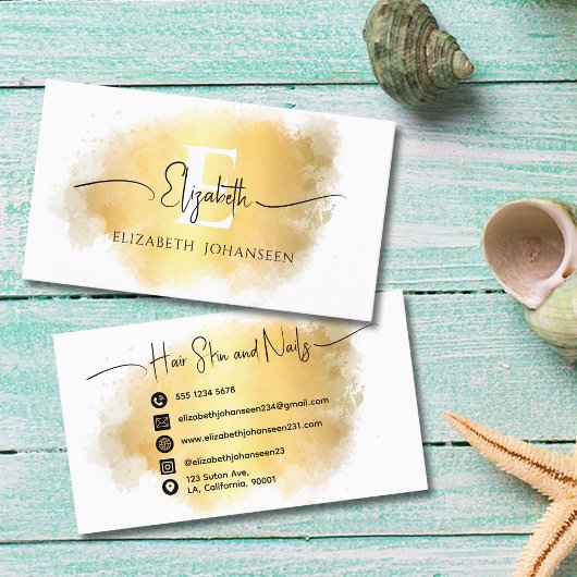 Elegante Gouden Kwaststreek Monogram Script Naam Visitekaartje