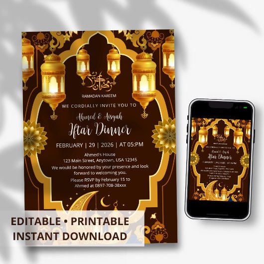 Elegante Gouden Lantaarn & Halve Maan Ramadan Ifta Kaart